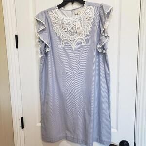 Loft Sheath Dress Women's Size L Cotton Lace Embroidery Stripe Blue White NWT